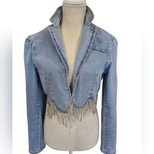 Blue Denim Jacket With Crystal Fringe